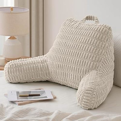 Blissful Diary Reading Pillow, Large Backrest Pillow with Shredded Memory Foam for Adult & Children, Designed for Bed and Couch Sitting Up, Includes Arms, Pockets and Washable Cover, Off White