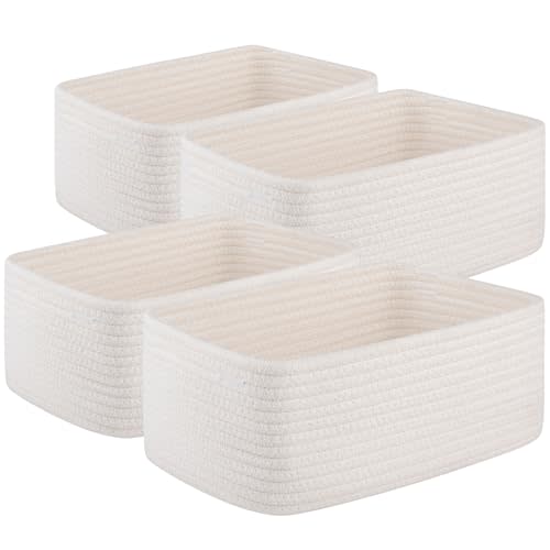 OIASKET 4 Pack Small Storage Shelf Baskets for Organizing, Mini Woven Rope Storage Bins for Towels, Cute Decorative Closet Organizer,Baby Nursery, Gift Empty Baskets -11.81''Lx7.87''Wx4.72''H-White