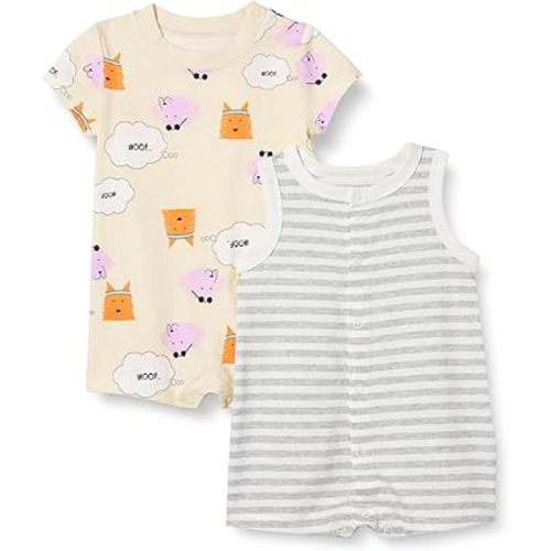 Amazon Essentials Unisex Babies' Cotton Jersey Sleeveless and Short-Sleeve Romper Set, Pack of 2