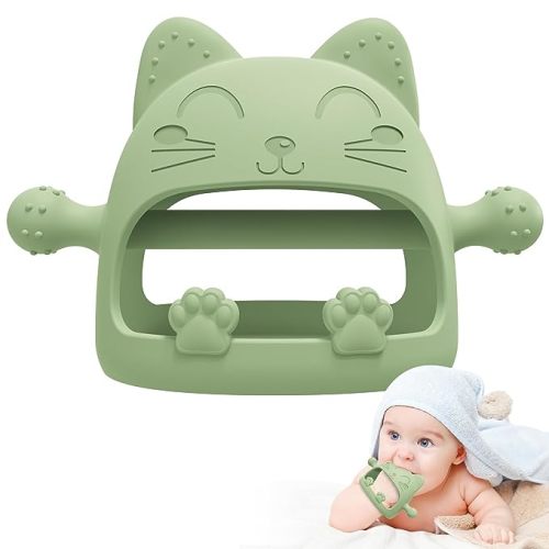 Baby Teethers 0-6 Months,Teething Toys for Babies 0-6 Months,Never Drop Baby Chew Toys for Teething Relief,Infant Hand Teether Pacifiers for 0-6 Months,Ideal Baby Toys Gifts for New Moms(Cartoon Cat) - Avocado