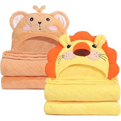 Hooded Baby Towels Boy for 0-6 Years, 50"x 32" Extra Large Toddler Bath Towels with Hood for Boys & Girls, 2-Pack Absorbent Thick Soft Gift for Kids Yellow Lion & Orange Monkey
