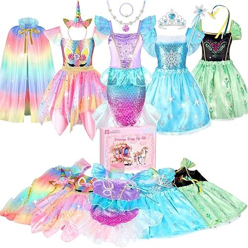 Princess Dress Up Clothes for Little Girls: Princess Costume for Girls Toddler, Unicorn Costume & Mermaid Costume, Girl Toys Age 3 4 5 6 Year Old Girl Birthday Gifts with Cape, Jewelry, etc