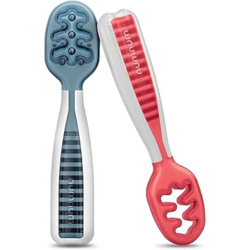 NumNum Baby Spoons Set, Baby Essentials Pre-Spoon GOOtensils for 6+ Months, First Stage Self-Feeding Spoons for Baby Led Weaning (BLW), Silicone Toddler Utensils, BPA-Free, 2 Pack Blue/Red
