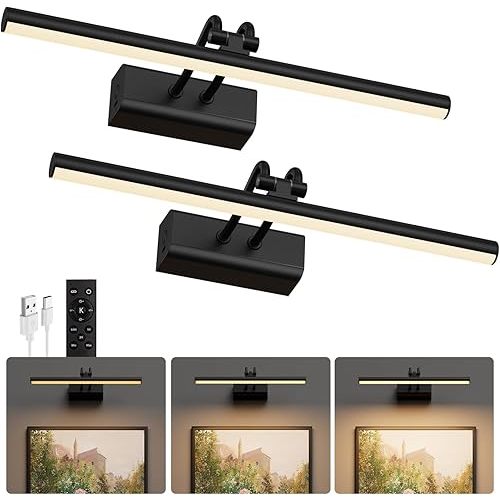 Battery Operated Wall Light for Living Room Picture Light for Wall Set of 2, 4000 mAh, 14'' Dimmable Art Painting Light, Remote Control, Display for Gallery, Living Room, Bedroom (Black)