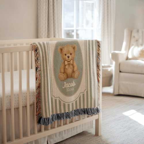 Custom Teddy Bear Baby Blanket, Custom Name Nursery Throw Woven Story time Blanket Baby Boy baby Girl Gift Vintage Baby Blanket Newborn Gift