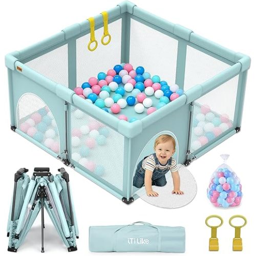 Foldable Baby Playpen 59x71inch, iTiLike Playpen for Babies and Toddlers with 50 PCS Ocean Balls & 2 Handles, Indoor & Outdoor Kids Safety Play Pen Area, Portable Travel Play Yard,Mint Green