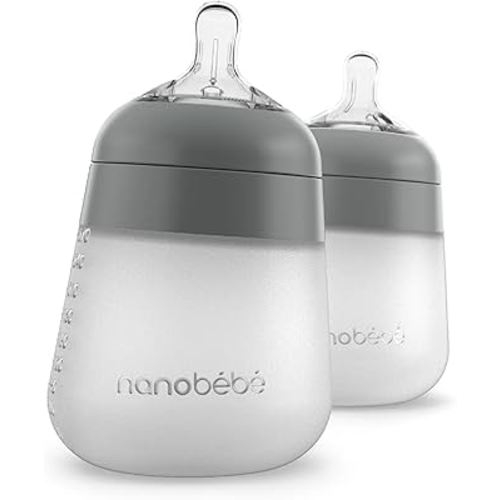 Nanobebe Flexy Silicone Baby Bottle, Anti-Colic, Natural Feel, Non-Collapsing Nipple, Non-Tip Stable Base, Easy to Clean 2-Pack, Grey, 9oz