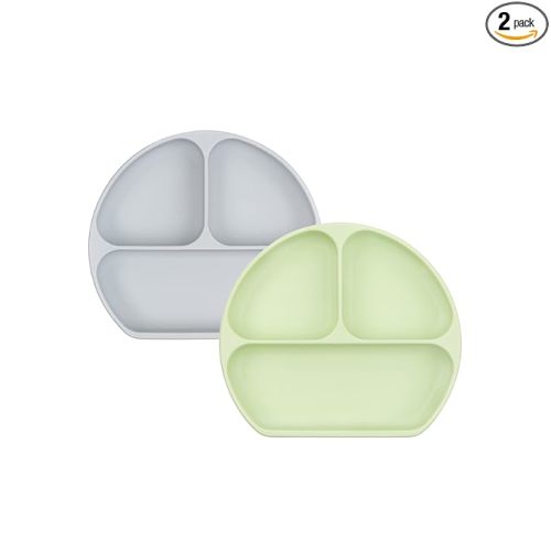 Bumkins Toddler and Baby Suction Plate, Silicone Divided Grip Dish for Babies and Kids, Baby Led Weaning, Children Feeding Supplies, Non Skid Bottom, Platinum Silicone, 6 Months Up, Gray and Sage
