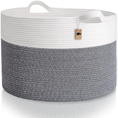 Little Hippo XXXL Large Cotton Rope Basket,100% Natural Cotton! Rope Basket, Baby Gift Basket, Large Basket, Blanket Basket Living Room, Toy Basket, Pillow Basket (White & Dark Gray)