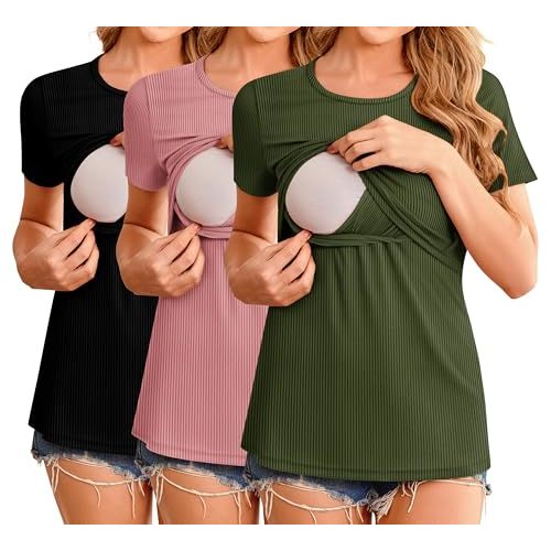 Ekouaer Womens Nursing Tops 3 Pack Short Sleeve Ribbed Breastfeeding Shirts Double Layer Maternity Shirt Pregnancy Clothes