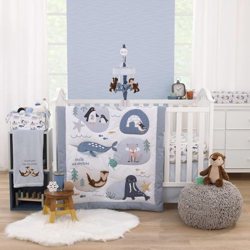 NoJo Arctic Adventure Light Blue, White, Taupe and Navy Whales, Walrus, and Otter 4 Piece Nursery Crib Bedding Set - Comforter, 100% Cotton Fitted Crib Sheet, Crib Skirt, and Storage Caddy