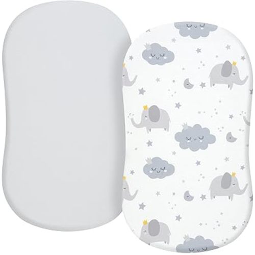 TILLYOU Bassinet Fitted Sheets for Baby Boy Girl, Universal Fit for Cradle Oval Rectangle Hourglass Mattress, 2-Pack Elephant & Cloud
