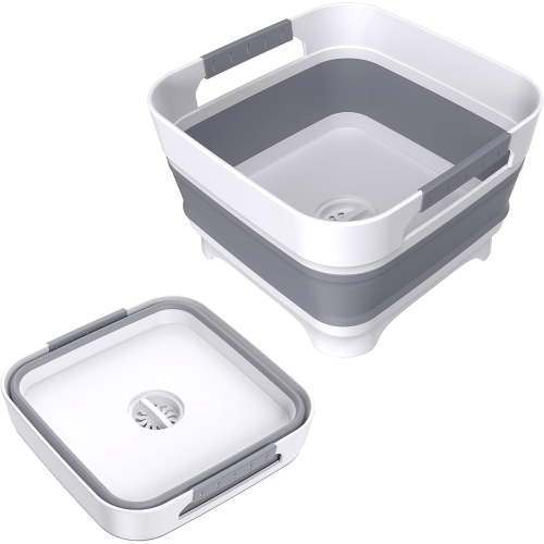 Godance Collapsible Dish Basin with Drain Plug, 9L(2.4Gal) Capacity, Space Saving Multiuse Foldable Sink Tub, Kitchen Storage Tray for Baby Bottle, Vegetable Washing, Camping & RV, Gray