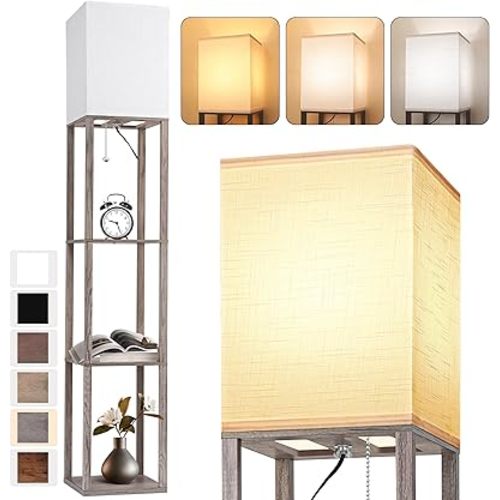 Floor Lamp with Shelves for Living Room Oak Gray, Shelf Floor Lamp with 3 CCT LED Bulb, Corner Display Standing Column Lamp Etagere Organizer Tower Nightstand with White Linen Shade for Bedroom Office