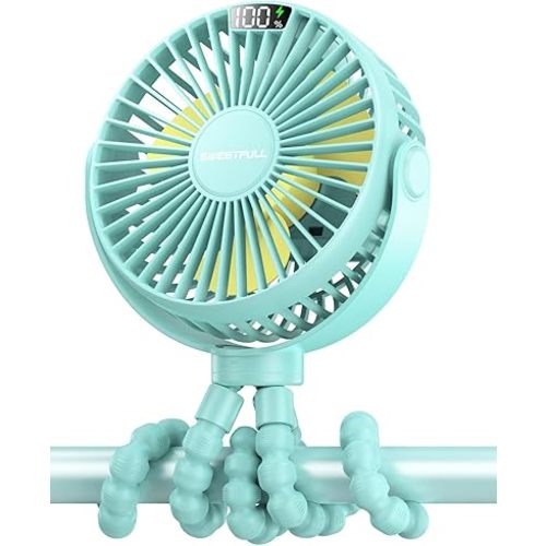 SWEETFULL Portable Stroller Fan with LED Display 4000mAh Battery Powered Mini Clip Fan, 4-Speed Rechargeable Small Personal Fan Handheld Desk Cooling Fan for Car Seat Crib Treadmill Travel-Cyan