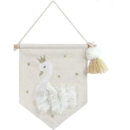 MON AMI Embroidered Swan Hanging Wall Canvas Banner | 10-Inch Plush Wall Décor for Nursery & Kids’ Room | Elegant Swan Design with Tassels | Whimsical Gift for Baby Showers & Birthdays