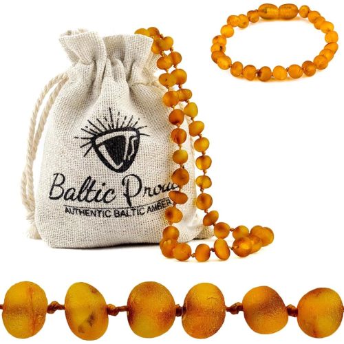 Baltic Proud Raw Amber Necklace and Bracelet Gift Set (Unisex Honey Raw 12.5 Inches/5.5 Inches) - Certified Premium Quality Raw Baltic Sea Amber