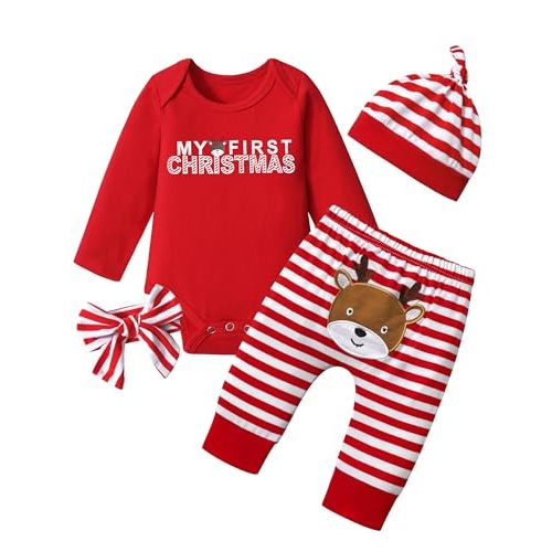 Von kilizo Baby Girl Christmas Outfit Baby Girl Long Sleeve Rompers Striped Pant Sets My First Christmas Baby Girl Outfit
