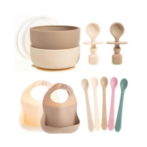 Toddler Feeding Set, Silicone Bib, Bowl & Spoons for Self-Feeding First Stage Essentials – Gum Friendly, BPA-Free, Easy to Clean & Safe for Babies, Pink