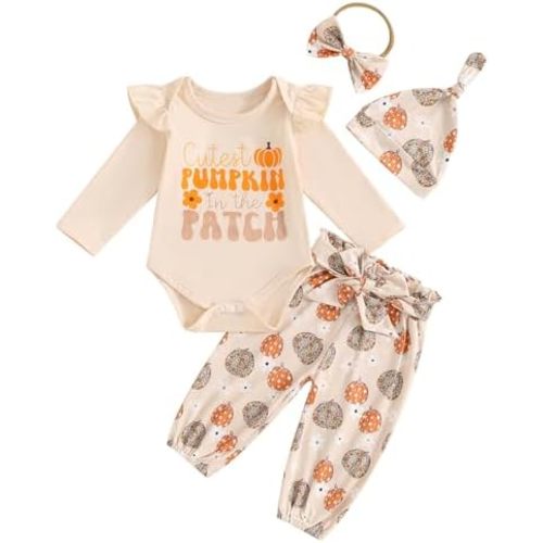 Newborn Baby Girl Halloween Outfit Ruffle Sleeve Pumpkin Face Romper Long Pants Headband 3 Piece Frist Fall Clothes