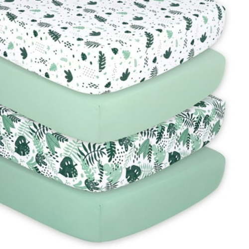 Peanutshell 4-Pack Fitted Crib Sheets, Green Botanical Leaf Design for Boys or Girls