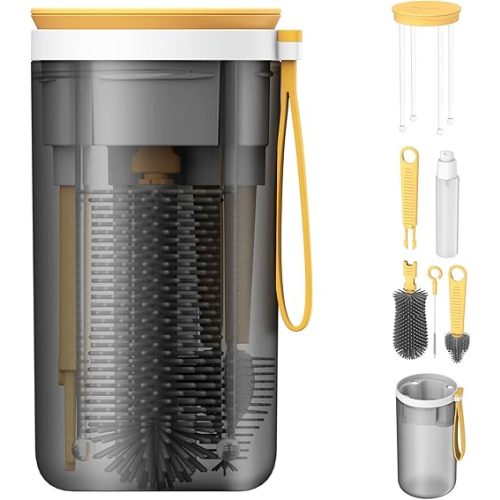 YOTIME Travel Baby Bottle Brush Set with Extendable Silicone Bottle Brush, Nipple Brush, Magnetic Baby Bottle Drying Rack, Straw Cleaner Brush, Baby Bottle Soap Dispenser, Yellow