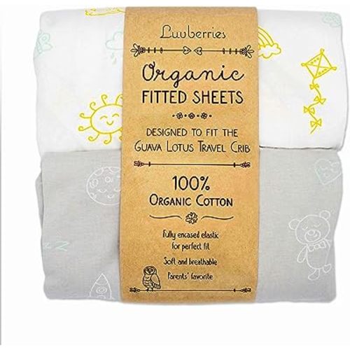 Guava Lotus Travel Crib Sheets (Set of 2) - 100% Organic Cotton Crib Sheets, Baby and Toddler, Fitted Crib Sheets, for Boys & Girls (for The New 4 TAB Mattress ONLY) (Day and Night)