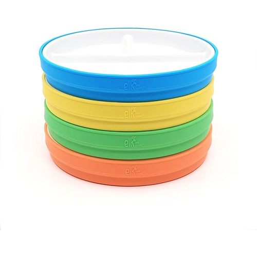 Elk and Friends Kids 6.7” Porcelain Divided Plates with Silicone Sleeves | Suitable for Babies/Kids/Toddlers | Microwave & Dishwasher Safe | Non Slip | Snack Dishes