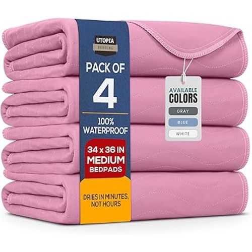 Utopia Bedding Washable Underpads 34" x 36" (Pack of 4), Waterproof Reusable Heavy Absorbency Incontinence Bed Pads for Adults, Kids, Elderly and Pets, Bedwetting Pads for Sofa and Couch (Pink)