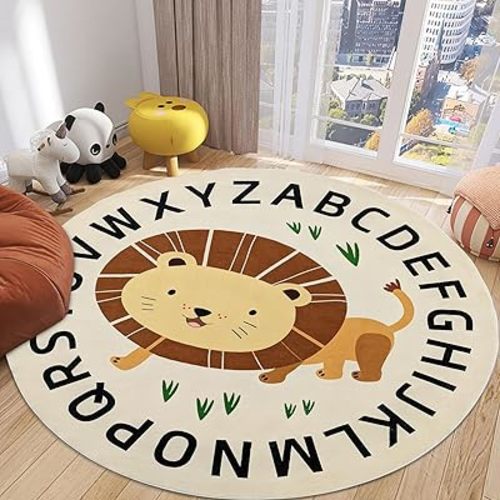 Lion Rug ABC Kids Play Mat Carpet 5Ft Large Round Safari Classroom Rug Circle Jungle Animal Area Rug for Baby Boys Girls Bedroom Nursery Decor, Nonskid, Waking