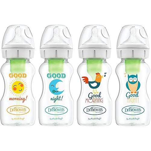 Dr. Brown's Natural Flow Anti-Colic Options+ Wide-Neck Baby Bottles, 9 oz/270 mL, with Level 1 Slow Flow Nipple, 4 Pack Good Morning/Good Night Gift Set