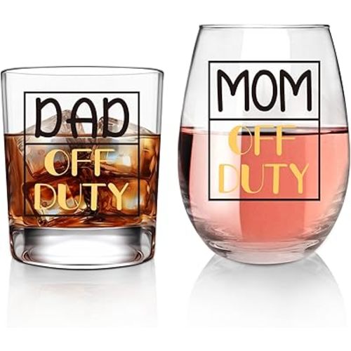 Dad & Mom Off Duty Gifts, Whiskey Glass and Stemless Wine Glass Set, Birthday Gift for Father’s Day Mother’s Day Christmas Birthday Daily Use Baby Shower