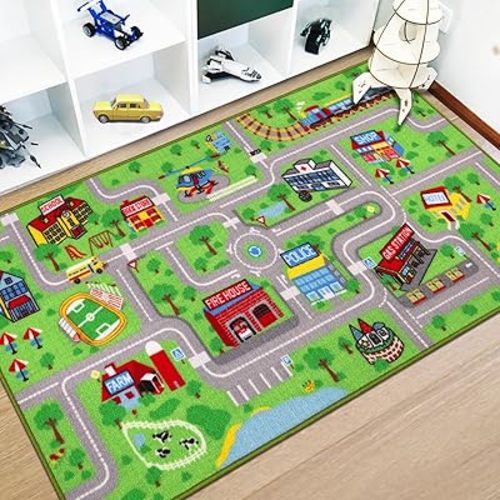 Capslpad Kids Rug Educational Play Rug 5' x 2.7' Traffic Road Kids Play Car Mat Large Learning Play Game Area Rug Kids Carpet for Playroom Living Room Nursery Room Decor, Green