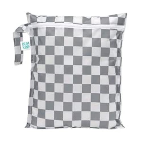 Bumkins Waterproof Wet Bag for Baby, Travel, Swim Suit, Cloth Diapers, Pump Parts, Pool, Beach, Gym Clothes, Toiletry, Hook to Stroller, Daycare, Zipper Reusable Wetdry Packing Pouch, Gray Check