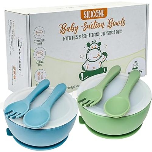 6 Piece Baby Bowls With Suction and Lids | Toddler Bowl Set with 2 Bowls, 2 Baby Spoons, 2 baby Forks, Baby Feeding Essentials (Sky/Mint)
