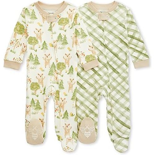 Burt's Bees Baby Baby Boys' Sleep and Play PJs, 100% Organic Cotton One-Piece Zip Front Romper Jumpsuit Pajamas, Beary Fun Forest, 6 Months