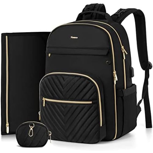 MOMUVO Diaper Bag Backpack, Quilted Baby Bag with Changing Pad & Stroller Straps & Pacifier Case, Large Travel Diaper Bags for Mom Dad, Black