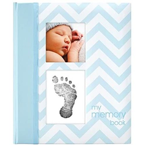 Pearhead First 5 Years Chevron Baby Memory Book with Clean-Touch Baby Safe Ink Pad to Make Baby's Hand or Footprint Included, Blue
