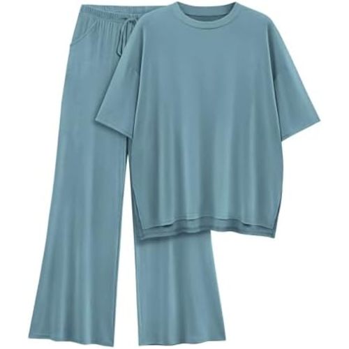 Womens Lounge Set 2 Piece Outfits Casual Loose Fit Short Sleeve Tops and Wide Leg Pants Tracksuits