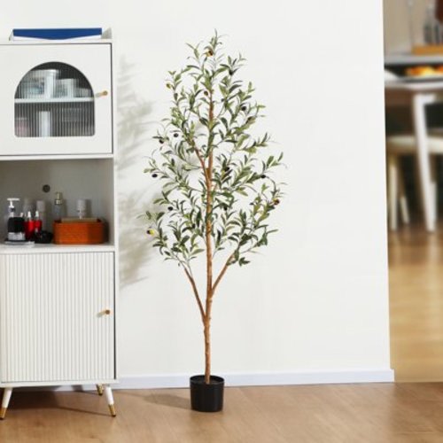 5 ft Artificial Olive Plants with Realistic Leaves and Natural Trunk, Silk Fake Potted Tree with Wood Branches and Fruits, Faux Olive Tree for Office Home Decor