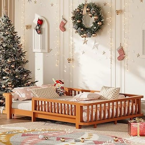 Full Floor Bed for Kids,Toddler Montessori Floor Bed Frame with Rails,Solid Wood Low Profile Twin Size Bedframe with Wood Slats,Rounded Corner for Boys Girls,No Box Spring Needed