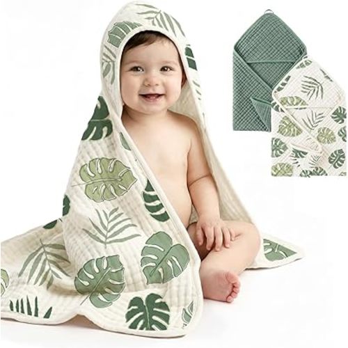 Tunnkit Muslin Hooded Towel for Newborn, 2 Pack Baby Bath Towel for Kids, Toddler and Infant, 32x32 Inch Soft and Absorbent Essentials for Babies (Sage Green and Monstera)