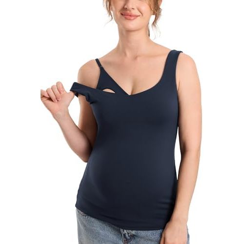 MOMANDA Maternity Nursing Tank Tops with Built in Bra Sleeveless Casual Pregnancy Tee V Neck Workout Shirt