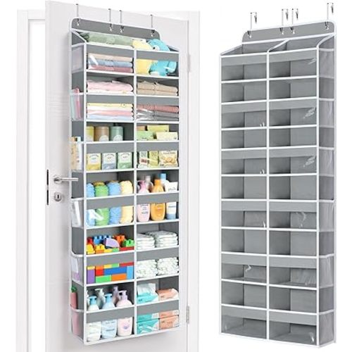 Yecaye Over The Door Organizer, 6 Tier Extra Large Behind Door Storage of 12 Compartments, 80lbs Heavy Duty Door Organizer Hanging with Clear Window for Closet Bedroom Pantry Bathroom, Grey