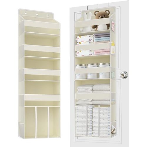1 PC Over the Door Diaper Organizer with 1 Large Capacity Caddy, 4 Shelf & 10 Mesh Side Pockets, Baby Stuff Hanging Caddy Storage and Newborn Essentials Closet Organizer for Nursery, Bedroom