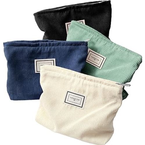 Sanwuta 4 Pack Velvet Makeup Bag Cosmetic Bag for Women Large Capacity Corduroy Pouch Zipper Canvas Travel Toiletry Purse Make up Organizer Case Accessories(Vintage Color,Plaid)