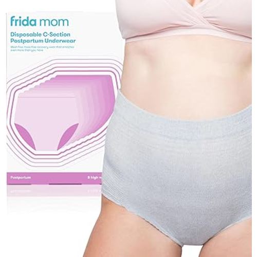 Frida Mom Women's Postpartum Underwear for C-Section Recovery, Disposable High Waist, Seamless with Stretchy Support, Postpartum Essentials, Size Regular (Waist 28"-42" Stretched), 8 Count, Gray