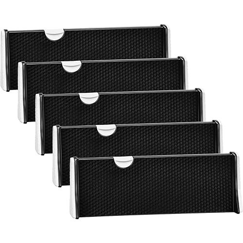 JONYJ Drawer Dividers Organizer 5 Pack, Adjustable Separators 4" High Expandable from 11-17" for Bedroom, Bathroom, Closet,Clothing, Office, Kitchen Storage, Strong Secure Hold, Foam Ends(Black)