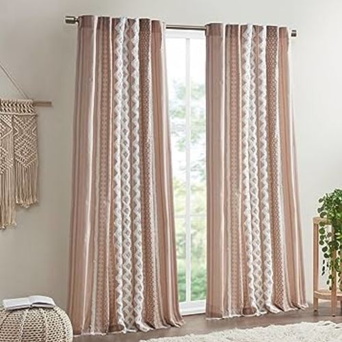 INK+IVY Boho Curtains for Bedroom SINGLE PANEL Window Curtains for Living Room, 100% Cotton Tufted Chenille Stripe Modern Farmhouse Curtains Window Drapes for Bedroom, Imani 50" x 84" Blush