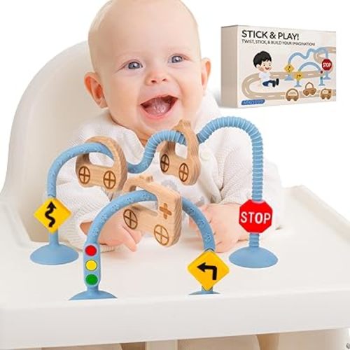 Baby Suction Cup Sensory Toy - Baby toys for High Chairs, Airplane Travel, Bathtub, Restaurant, Montessori Interactive Silicone Teething Toys for Infants and Toddlers, Enhance Fine Motor Skills